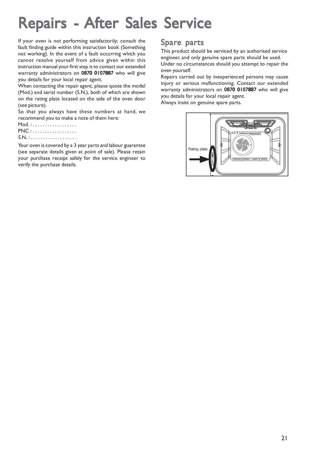 John Lewis JLBIOS601 instruction manual Repairs After Sales Service, Spare parts 