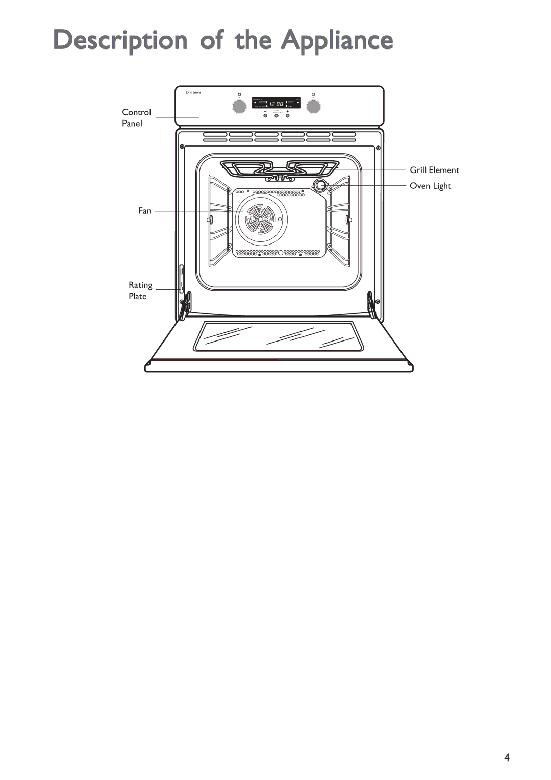 John Lewis JLBIOS601 Description of the Appliance, Control Panel, Grill Element Oven Light Fan Rating Plate 