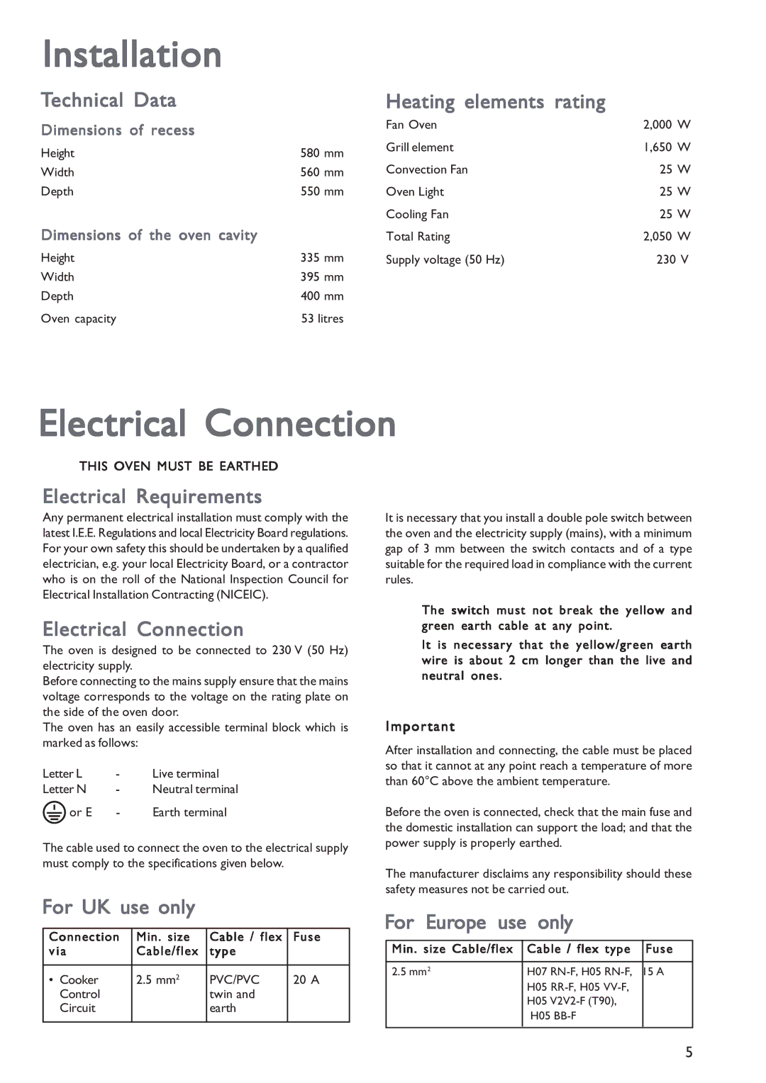 John Lewis JLBIOS601 instruction manual Installation, Electrical Connection 