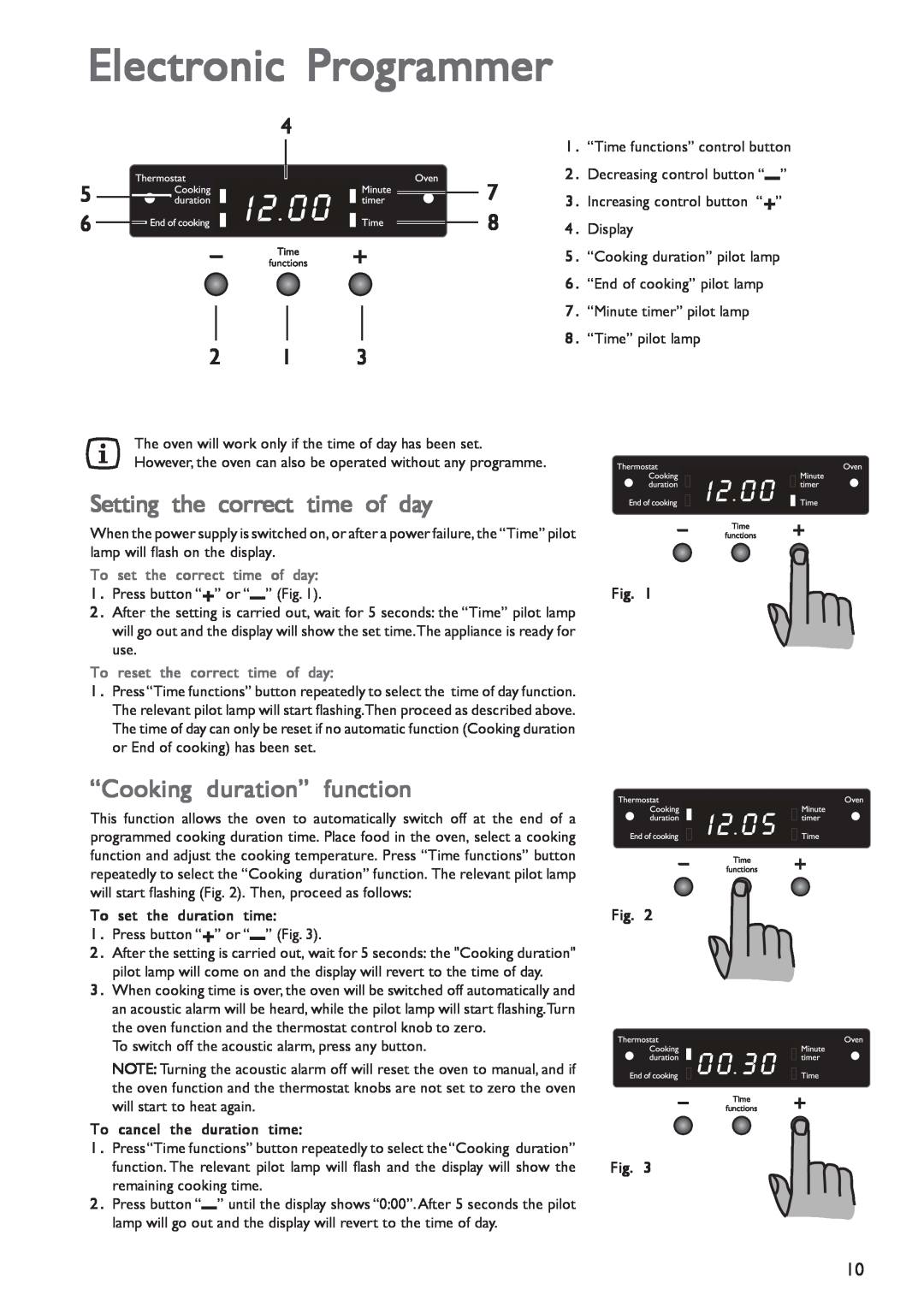 John Lewis JLBIOS601 instruction manual Electronic Programmer, Setting the correct time of day, “Cooking duration” function 