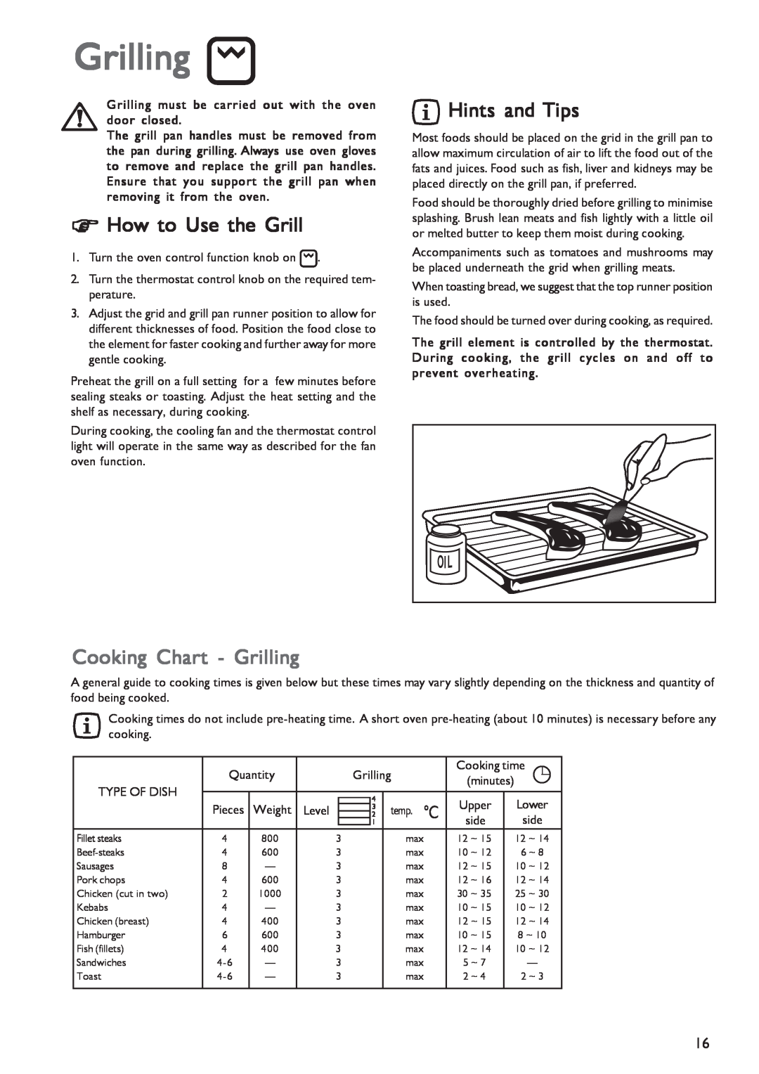 John Lewis JLBIOS601 instruction manual How to Use the Grill, Cooking Chart - Grilling, Hints and Tips 