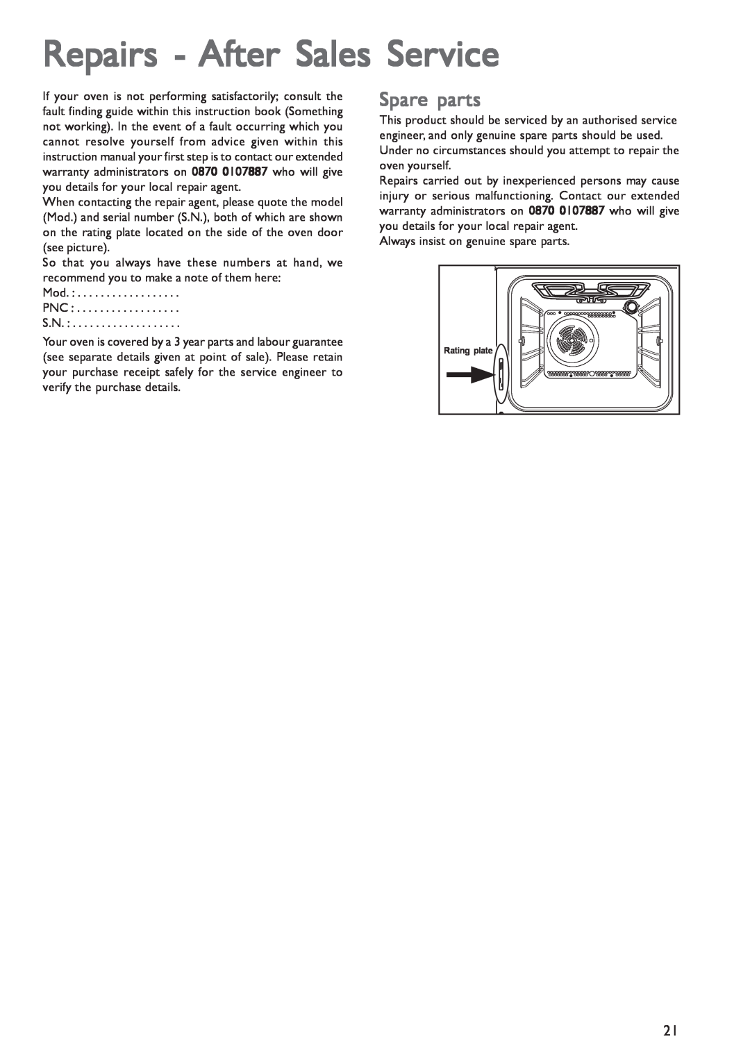 John Lewis JLBIOS601 instruction manual Repairs - After Sales Service, Spare parts 