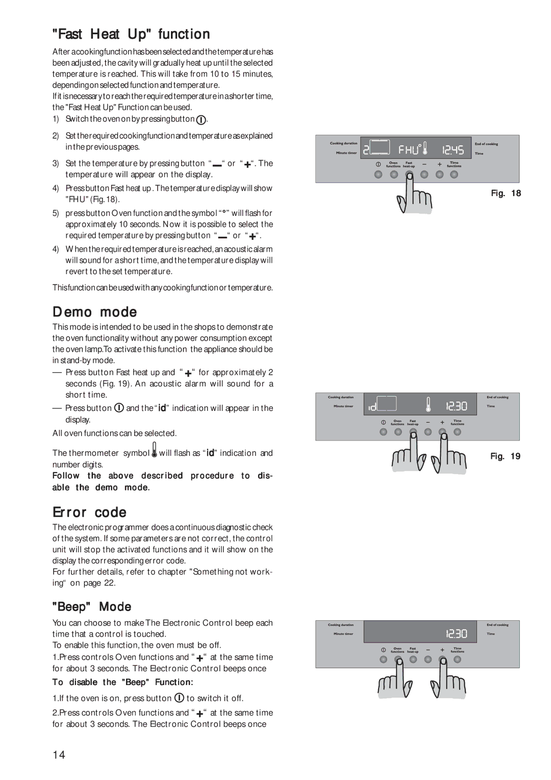 John Lewis JLBIOS602 instruction manual Fast Heat Up function, Demo mode, Error code, To disable the Beep Function 