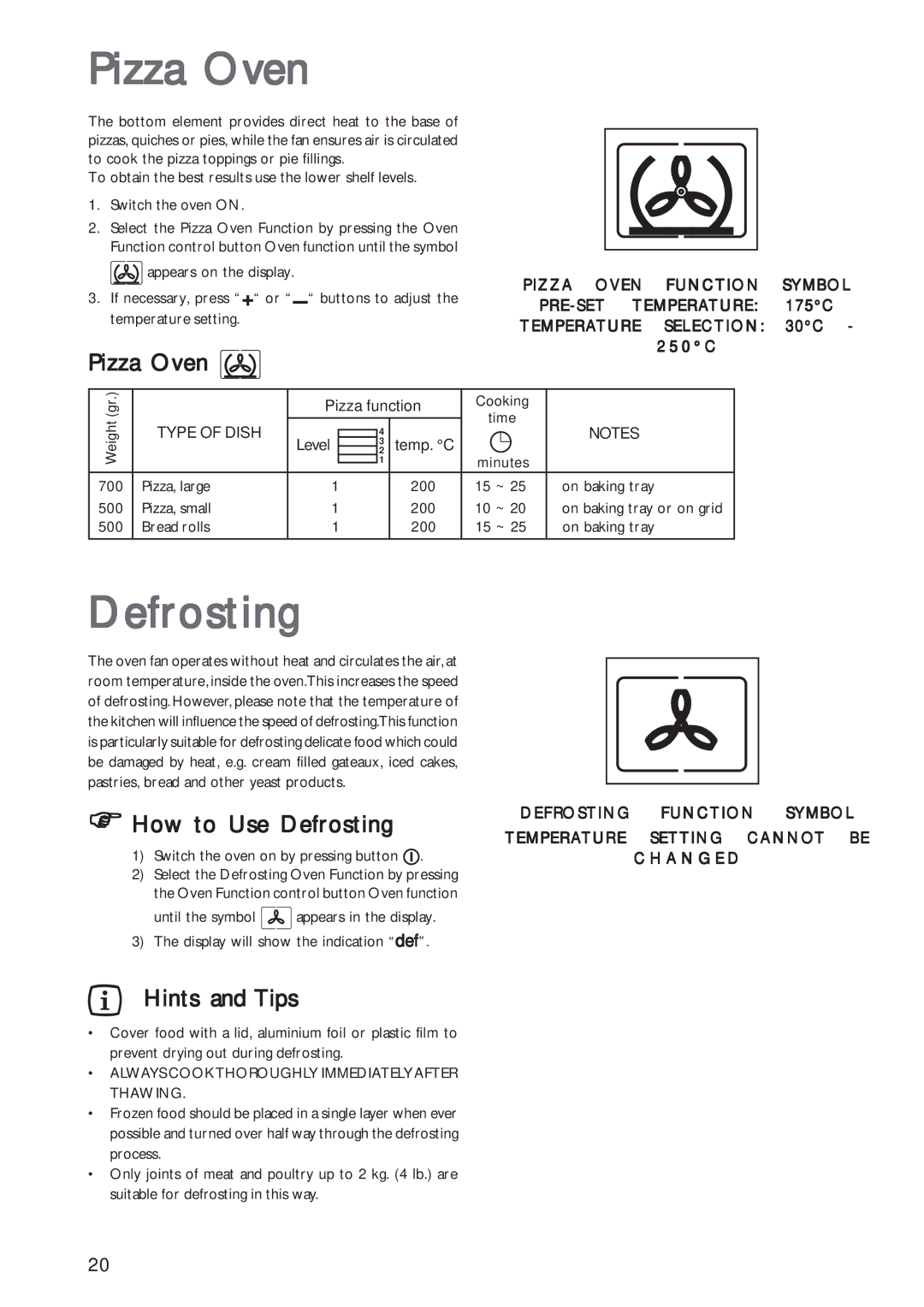 John Lewis JLBIOS602 instruction manual Pizza Oven, How to Use Defrosting 