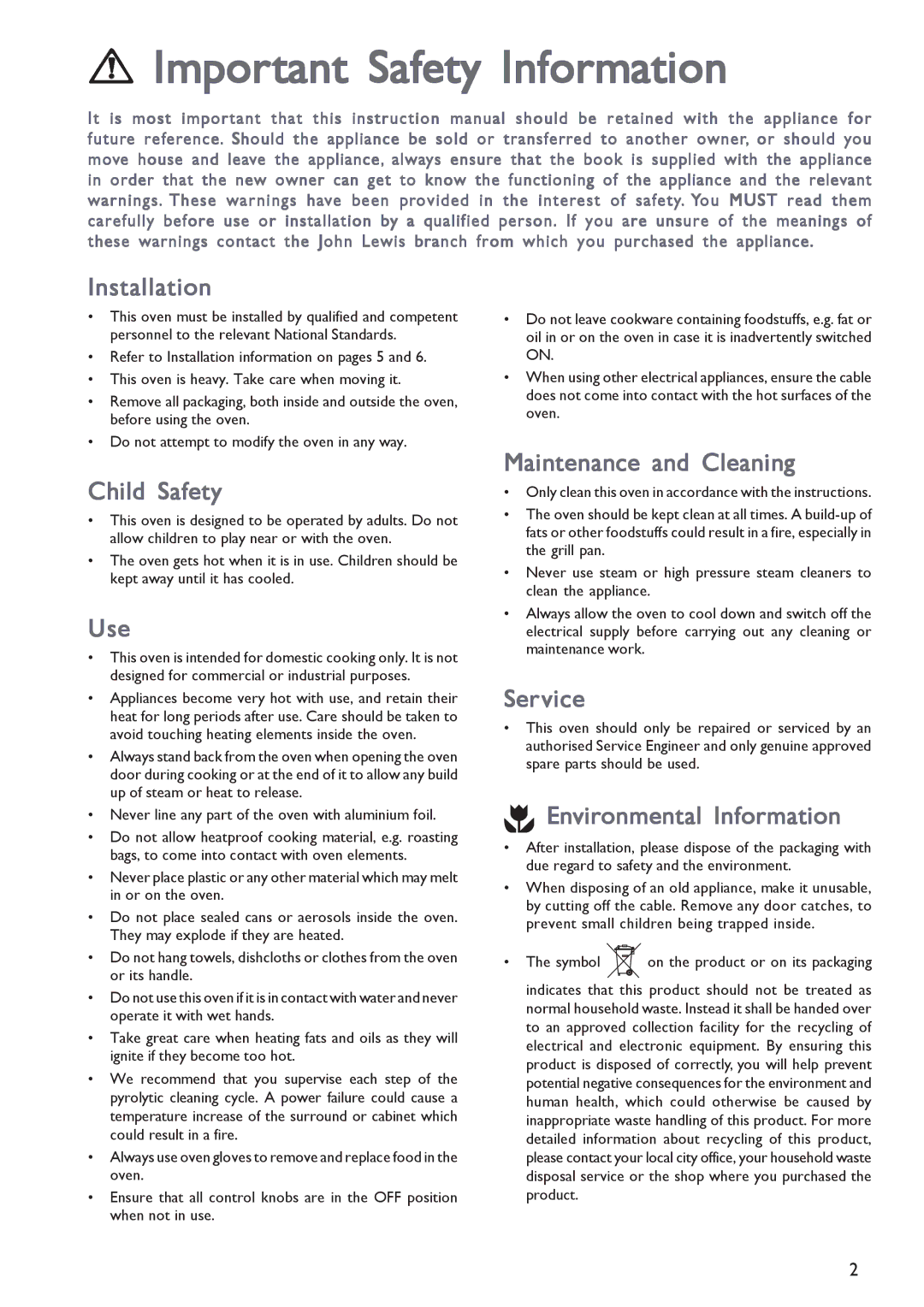 John Lewis JLBIOS603 instruction manual Important Safety Information 