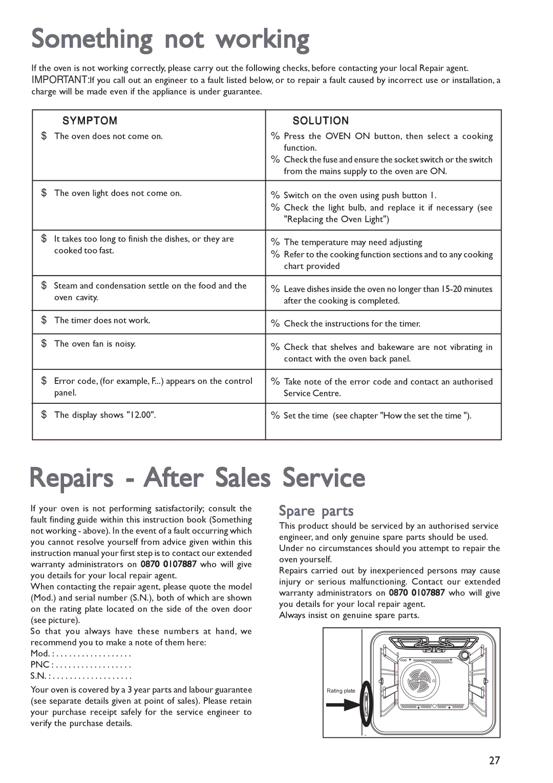 John Lewis JLBIOS603 instruction manual Something not working, Repairs After Sales Service, Spare parts 