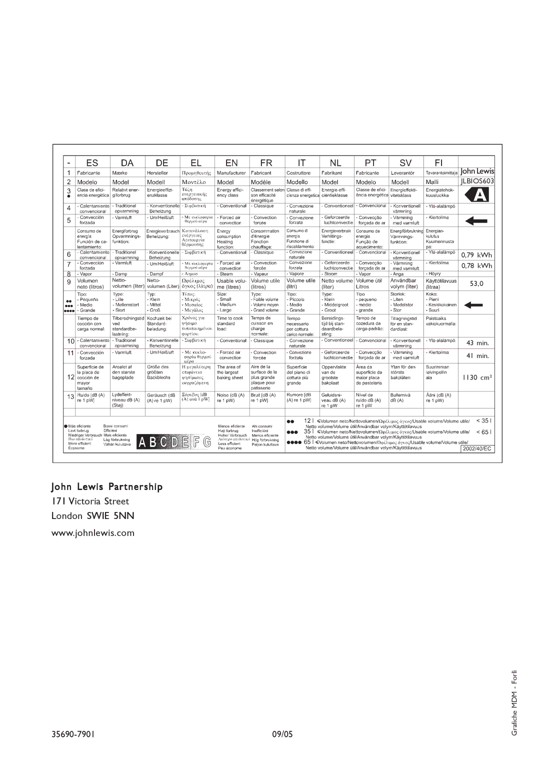 John Lewis JLBIOS603 instruction manual 09/05 