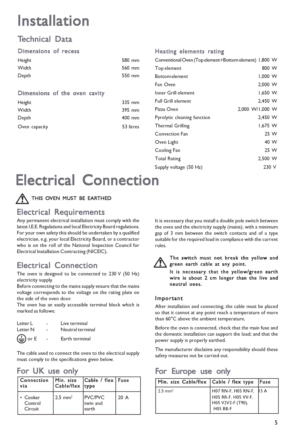 John Lewis JLBIOS603 instruction manual Installation, Electrical Connection 