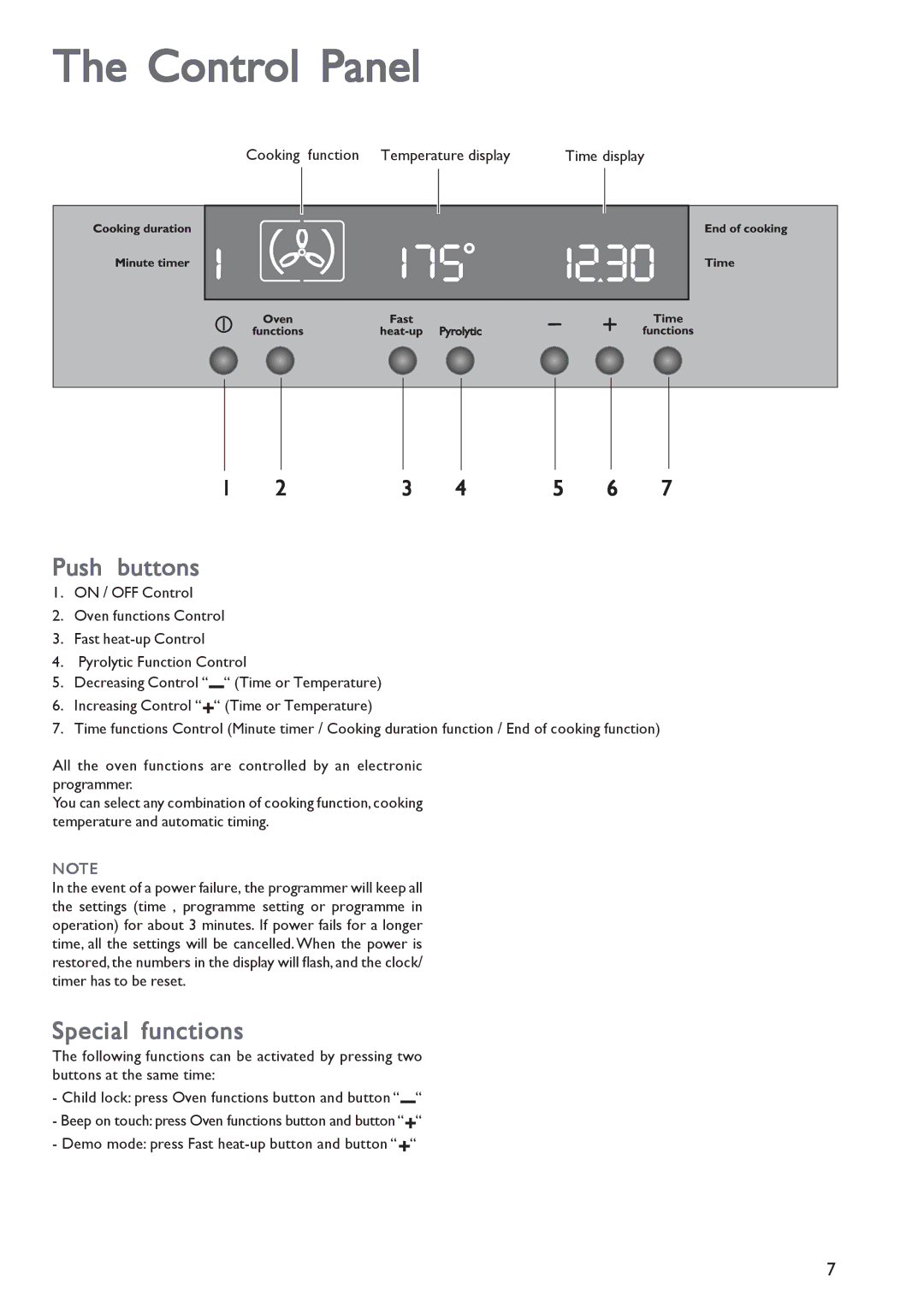 John Lewis JLBIOS603 Control Panel, Push buttons, Special functions, Cooking function Temperature display Time display 