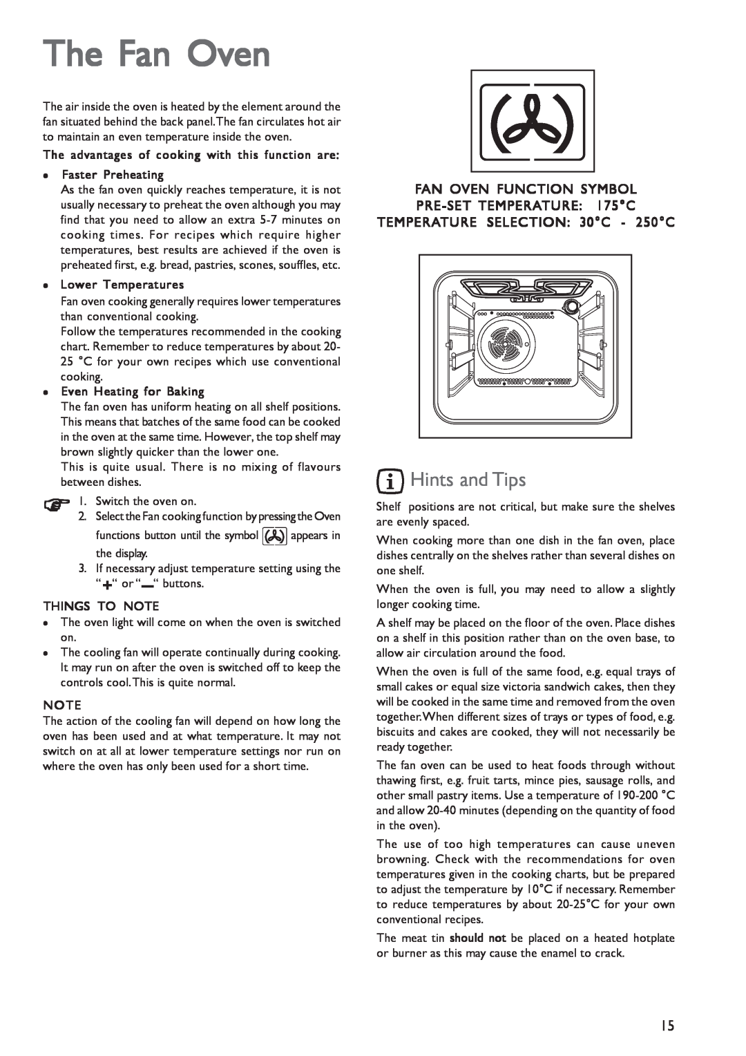 John Lewis JLBIOS603 instruction manual The Fan Oven, Hints and Tips, FAN OVEN FUNCTION SYMBOL PRE-SETTEMPERATURE 175C 