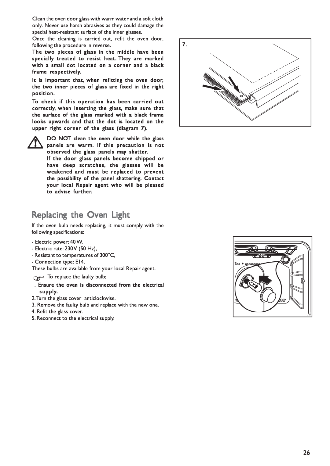 John Lewis JLBIOS603 instruction manual Replacing the Oven Light 