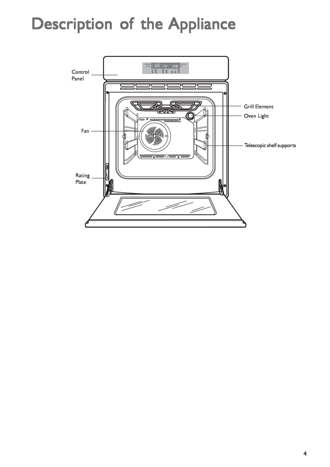 John Lewis JLBIOS603 instruction manual Description of the Appliance, Control Panel Grill Element Oven Light Fan 