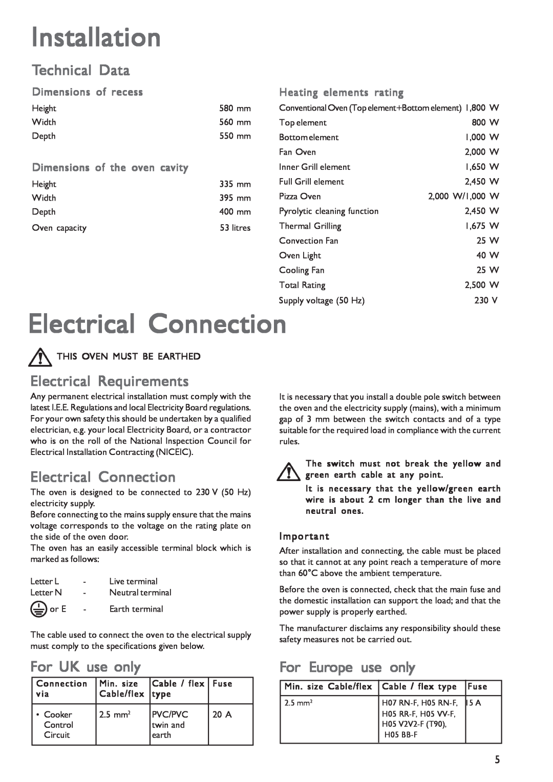 John Lewis JLBIOS603 Installation, Electrical Connection, Technical Data, Electrical Requirements, For UK use only 
