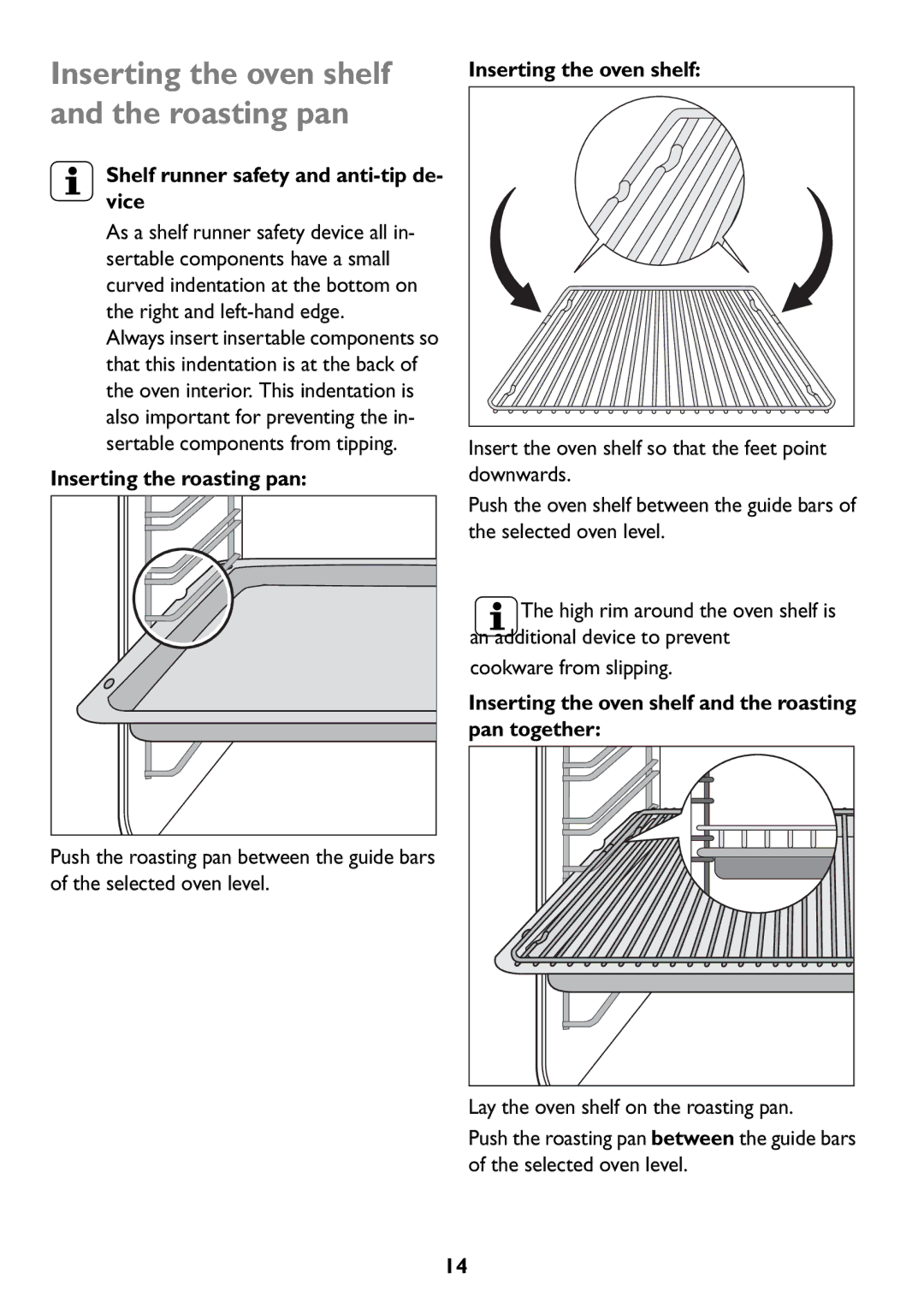 John Lewis JLBIOS607 manual Shelf runner safety and anti-tip de- vice, Inserting the roasting pan Inserting the oven shelf 