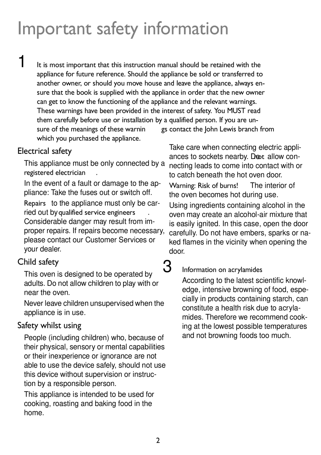 John Lewis JLBIOS607 manual Important safety information, Electrical safety, Child safety, Safety whilst using 