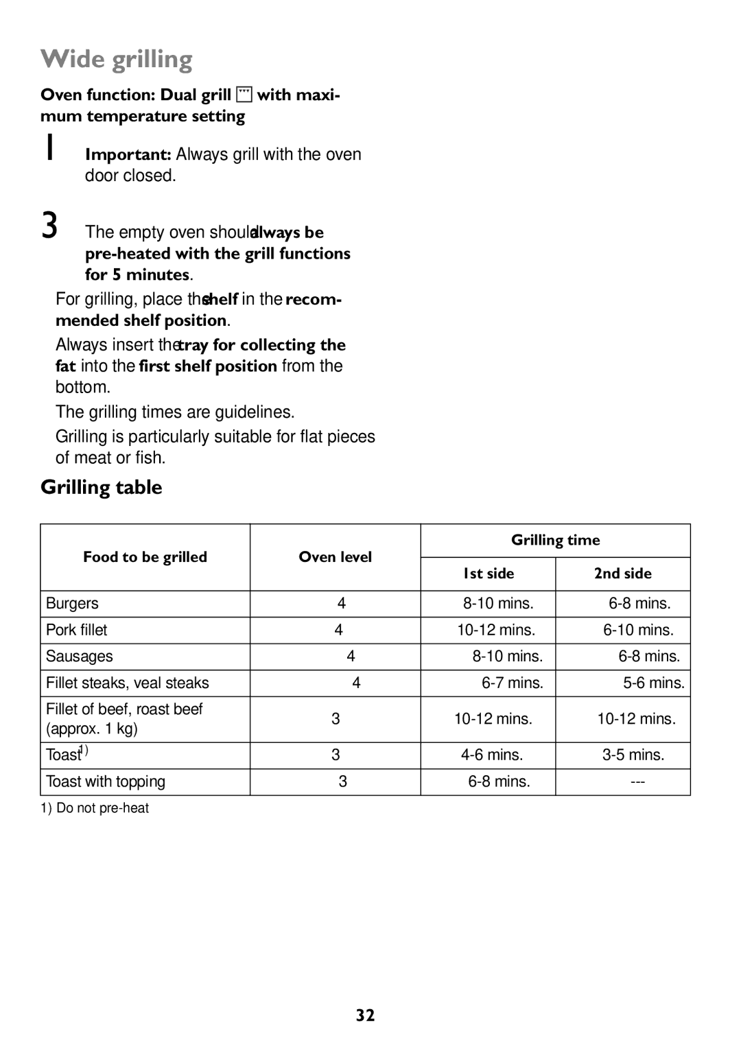 John Lewis JLBIOS607 manual Wide grilling, Grilling table, Oven function Dual grill with maxi- mum temperature setting 