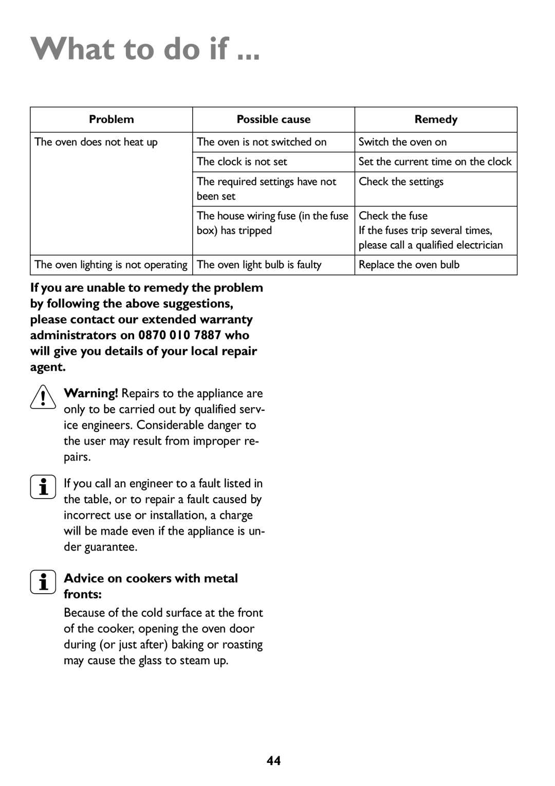 John Lewis JLBIOS607 manual What to do if …, Advice on cookers with metal fronts, Problem Possible cause Remedy 