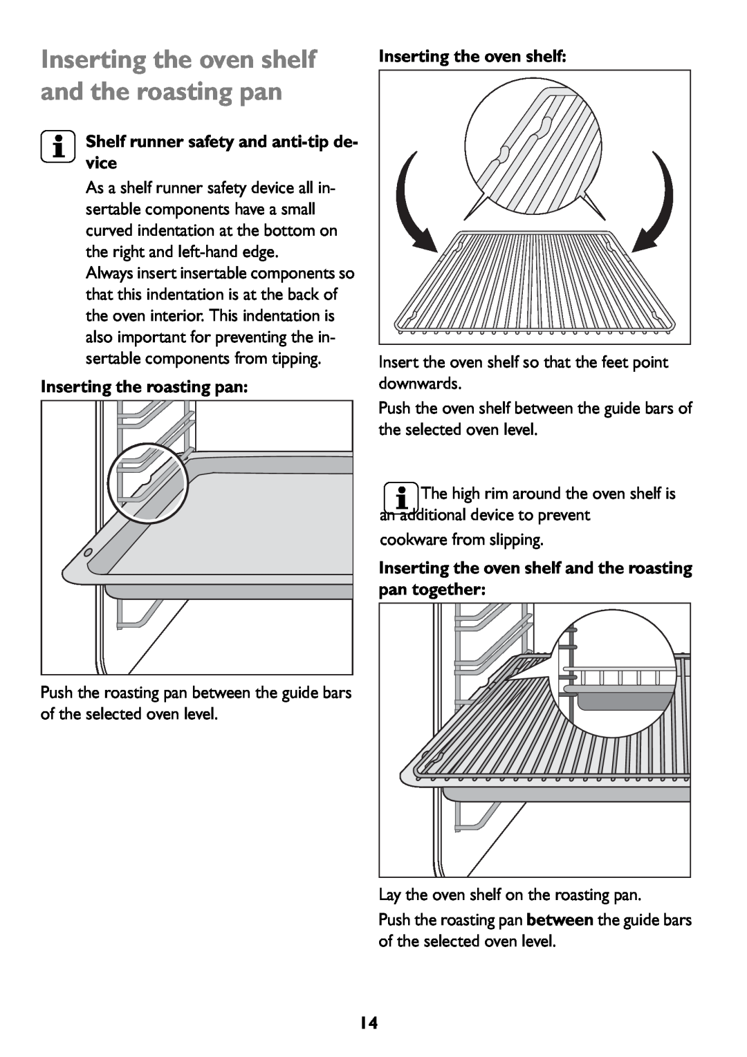 John Lewis JLBIOS607 manual 3Shelf runner safety and anti-tipde- vice, Inserting the roasting pan, Inserting the oven shelf 