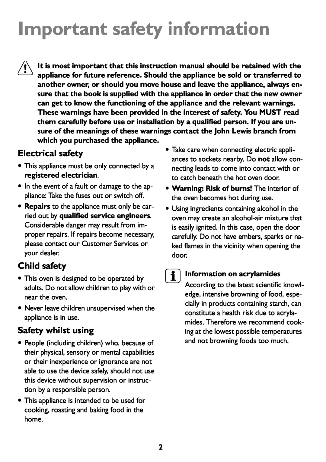 John Lewis JLBIOS607 manual Important safety information, Electrical safety, Child safety, Safety whilst using 