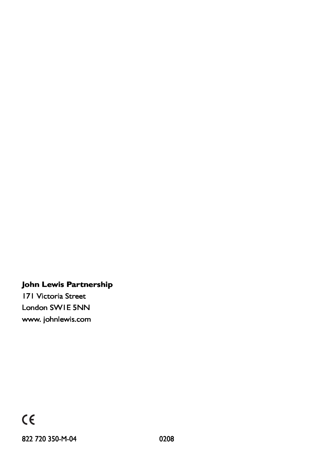 John Lewis JLBIOS607 manual John Lewis Partnership, 822 720 350-M-04, 0208 