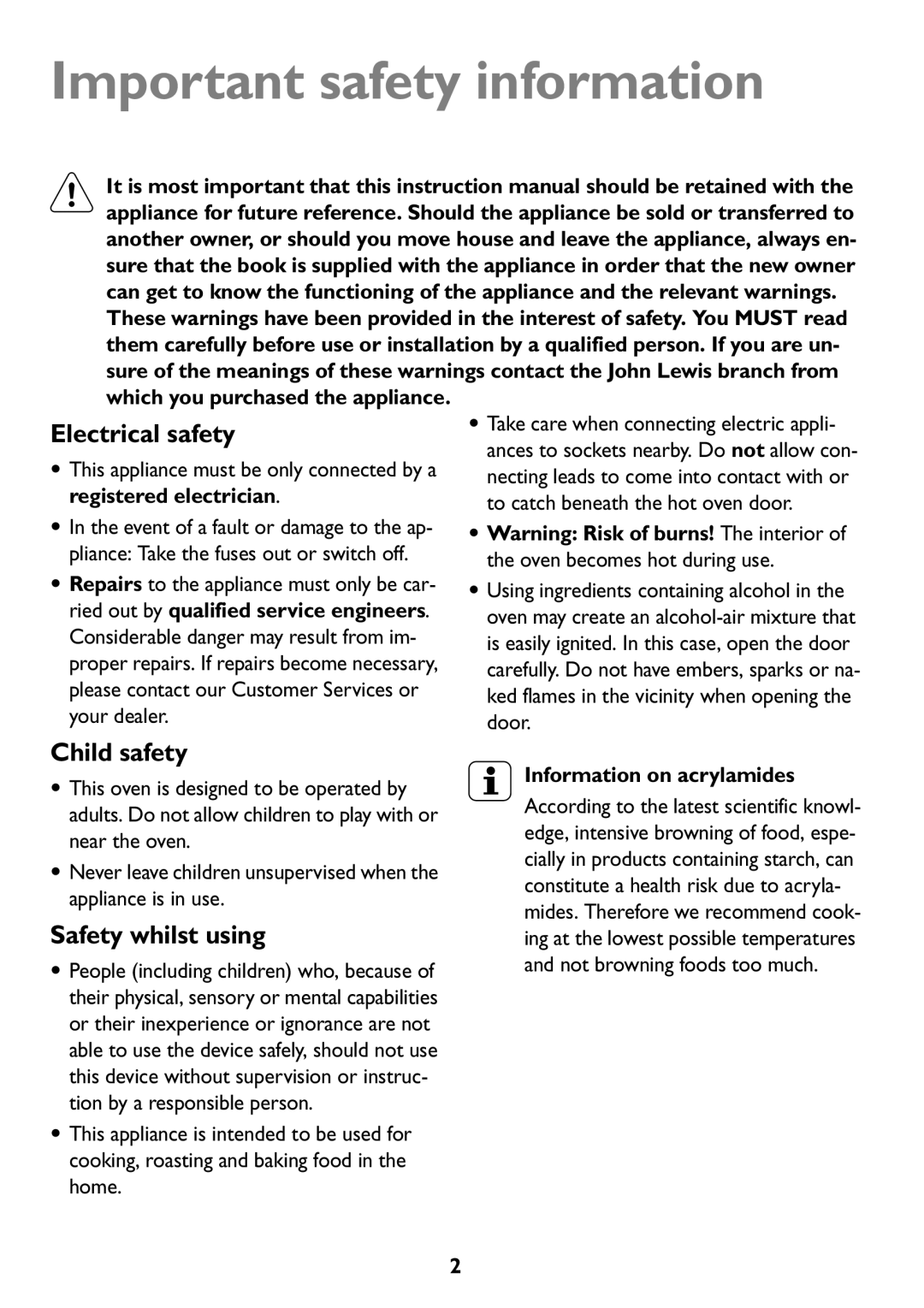 John Lewis JLBIOS608 manual Important safety information, Electrical safety, Child safety, Safety whilst using 