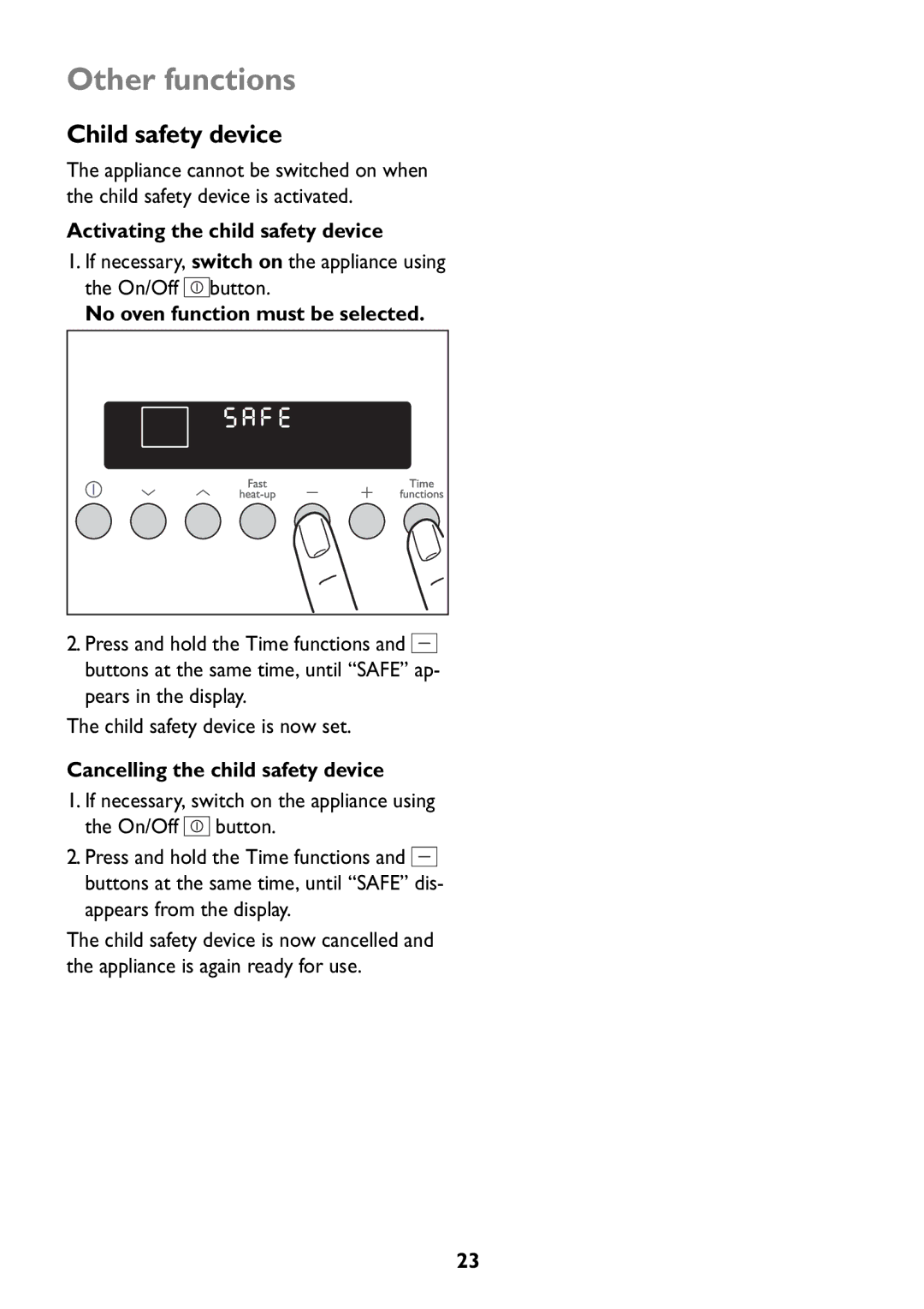 John Lewis JLBIOS608 manual Other functions, Child safety device, Activating the child safety device 