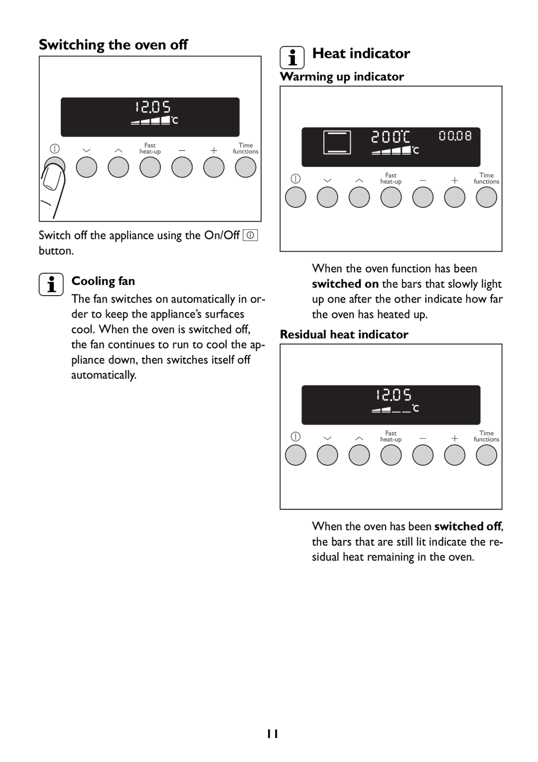 John Lewis JLBIOS609 Switching the oven off Heat indicator, Warming up indicator, Cooling fan, Residual heat indicator 