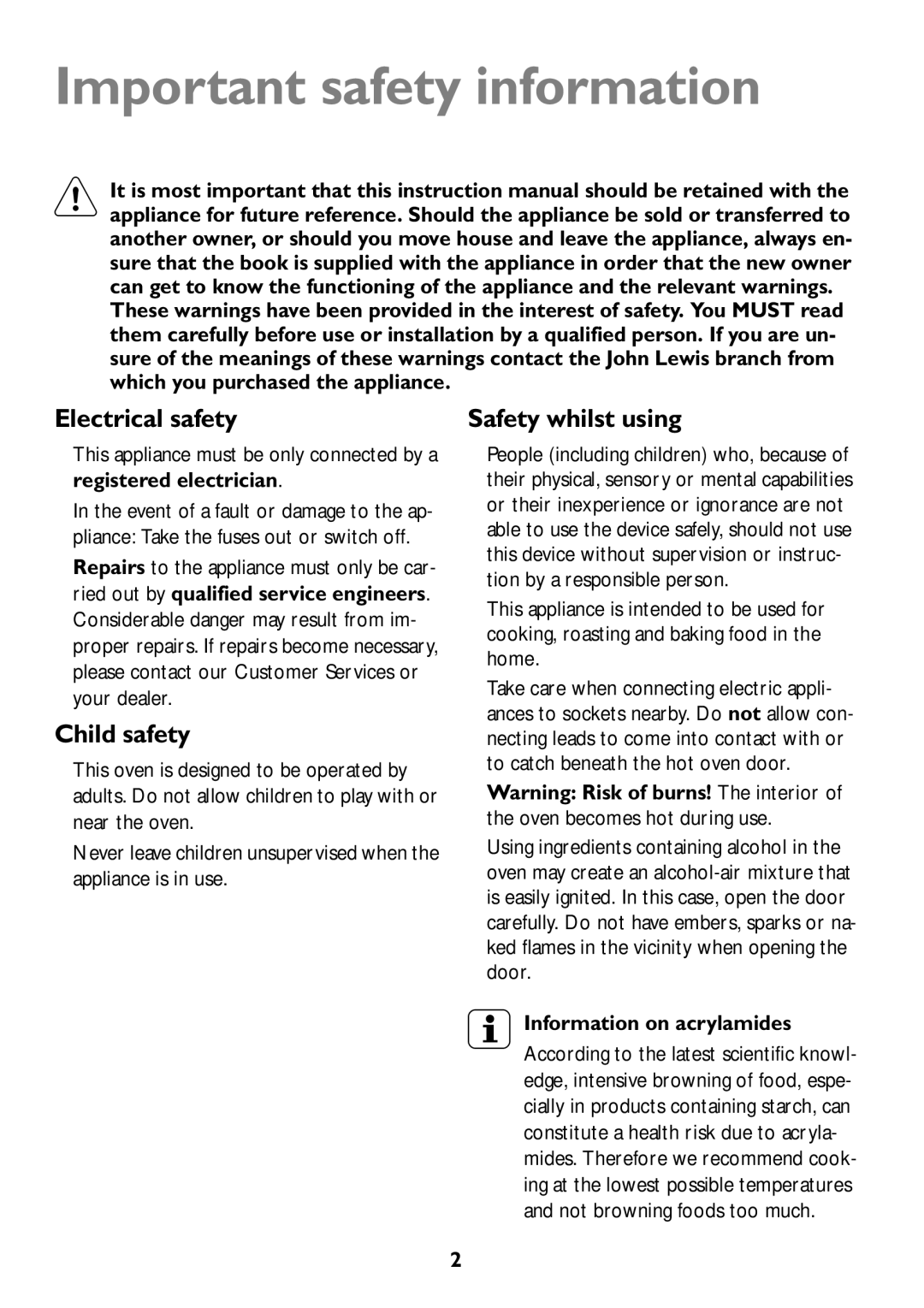 John Lewis JLBIOS609 manual Important safety information, Electrical safety, Child safety, Safety whilst using 