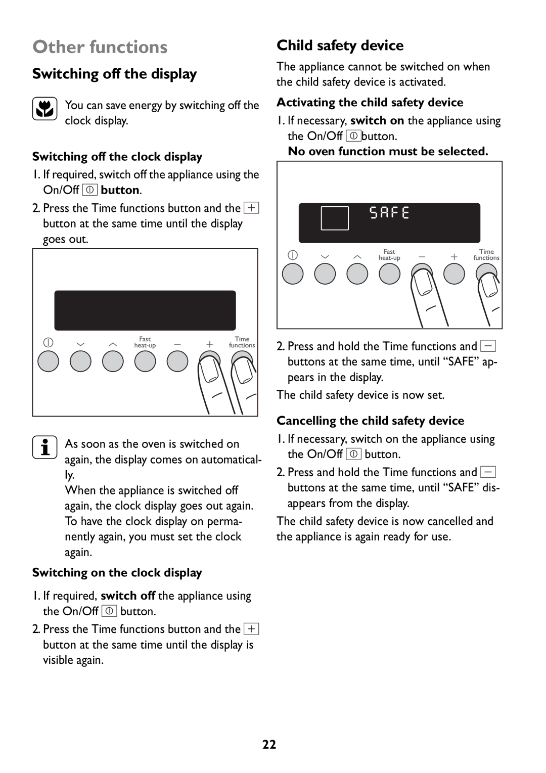 John Lewis JLBIOS609 manual Other functions, Switching off the display, Child safety device 