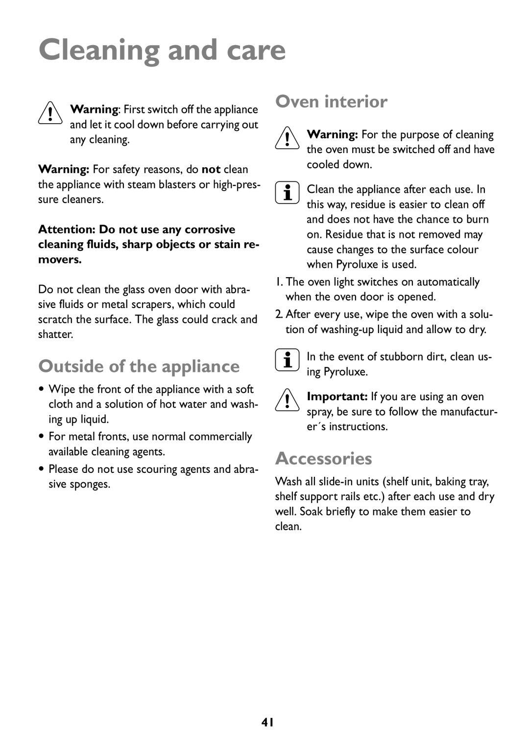 John Lewis JLBIOS609 manual Cleaning and care, Outside of the appliance, Oven interior, Accessories 