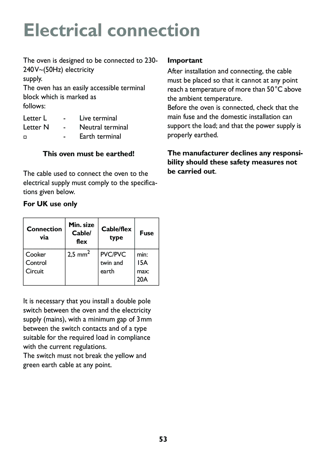 John Lewis JLBIOS609 manual Electrical connection, Earth terminal, This oven must be earthed, For UK use only 