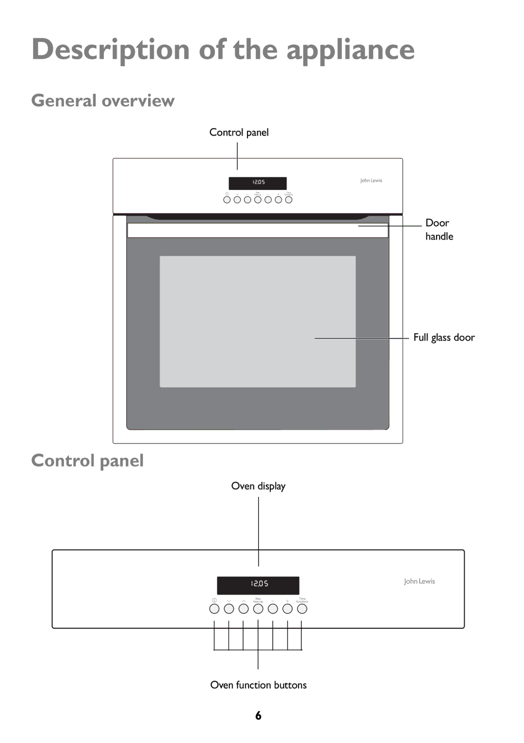 John Lewis JLBIOS609 manual Description of the appliance, General overview, Control panel, Full glass door 