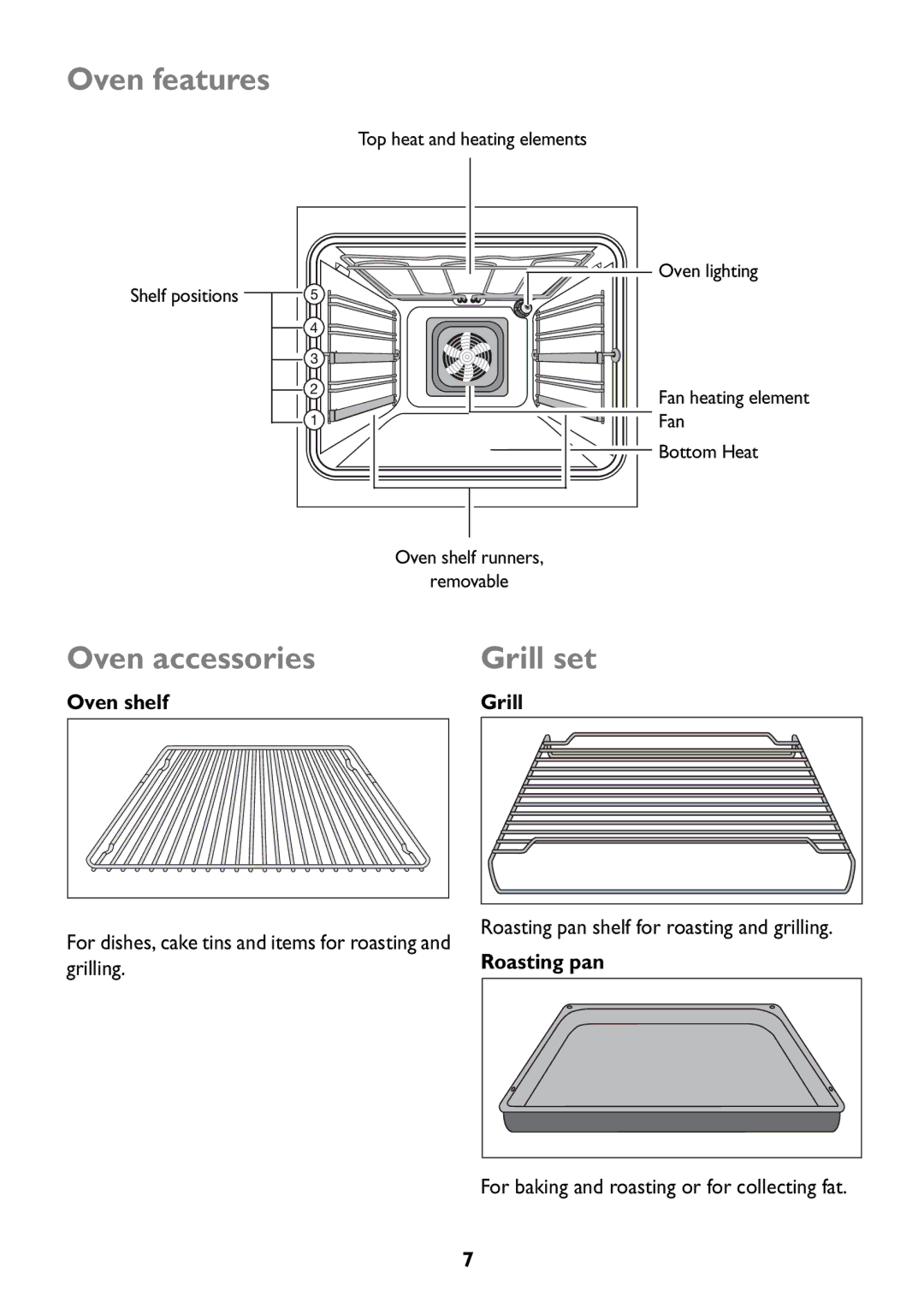 John Lewis JLBIOS609 manual Oven features, Oven accessories, Grill set, Oven shelf, Roasting pan 