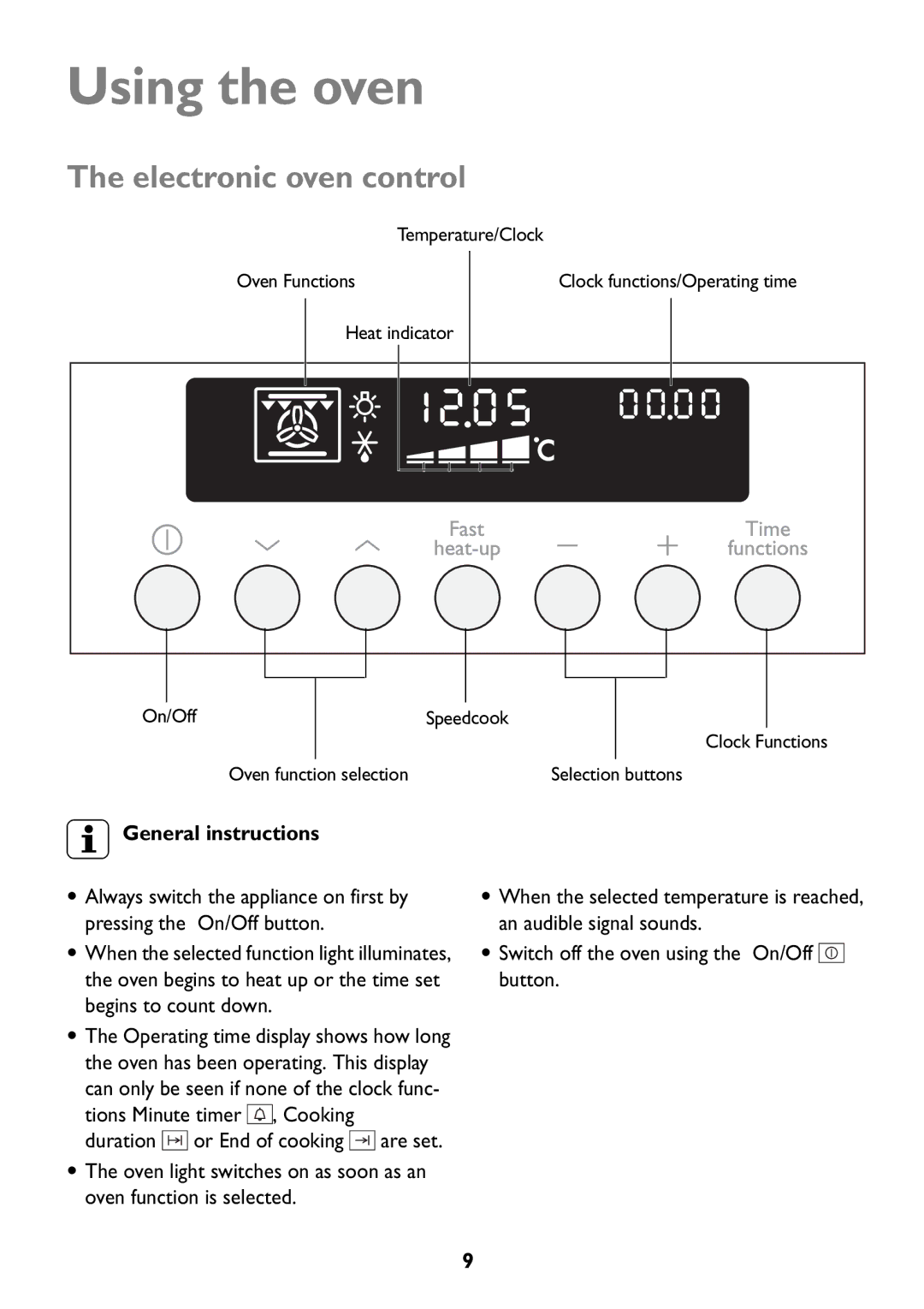 John Lewis JLBIOS609 manual Using the oven, Electronic oven control, General instructions, Tions Minute timer , Cooking 