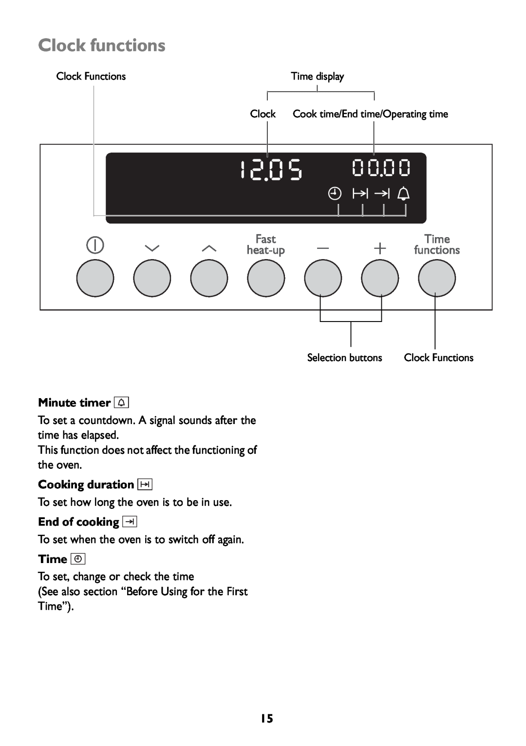 John Lewis JLBIOS609 manual Clock functions, Minute timer, Cooking duration, End of cooking, Time 