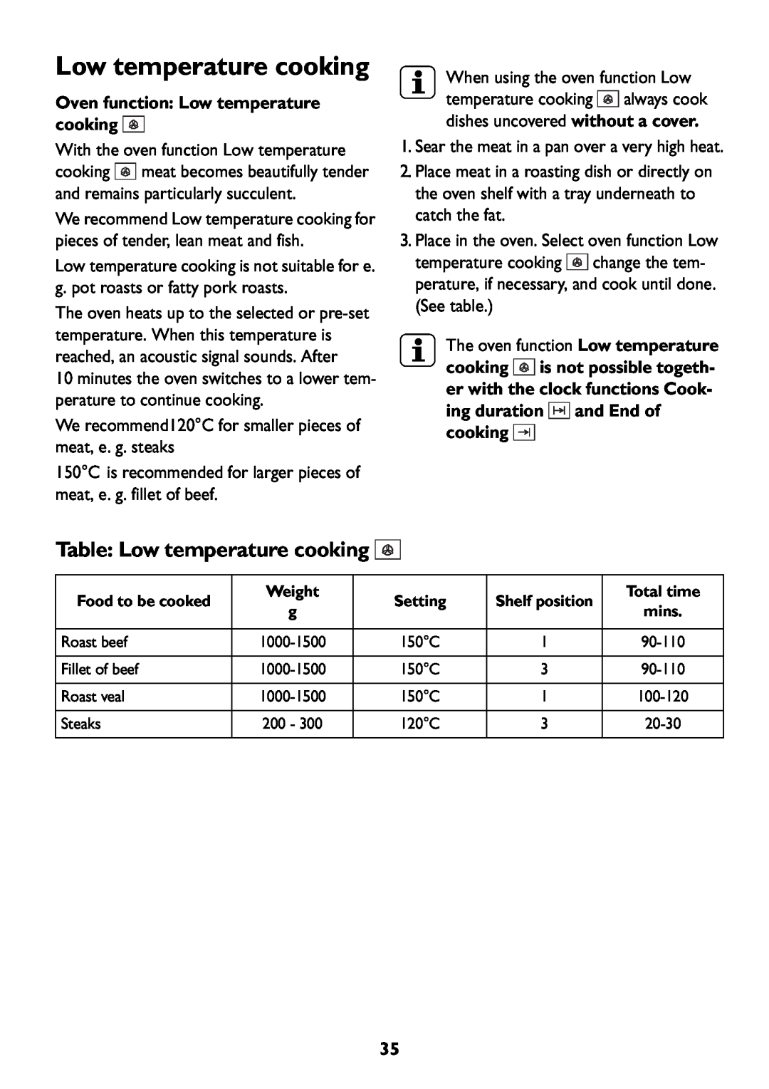 John Lewis JLBIOS609 manual Table Low temperature cooking, Oven function Low temperature cooking 