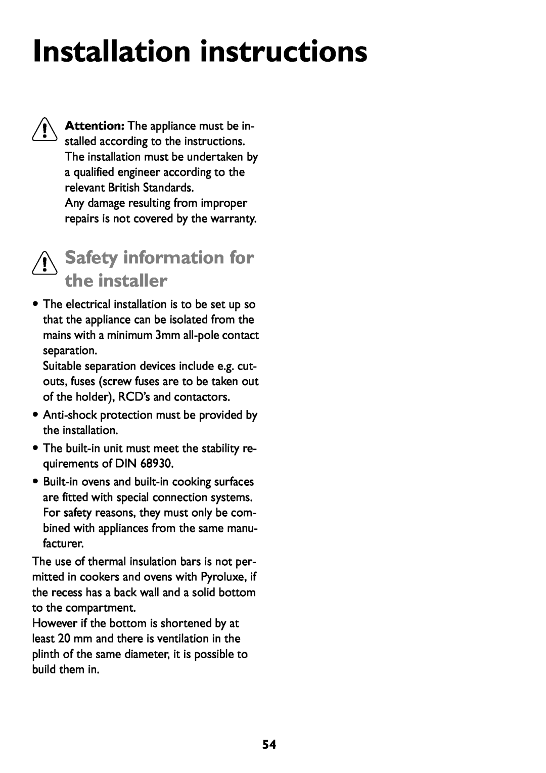 John Lewis JLBIOS609 manual 1Safety information for the installer, Installation instructions 