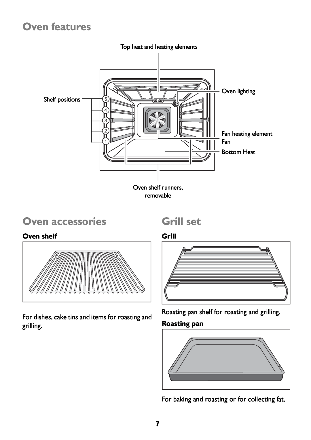 John Lewis JLBIOS609 manual Oven features, Oven accessories, Grill set, Oven shelf, Roasting pan 