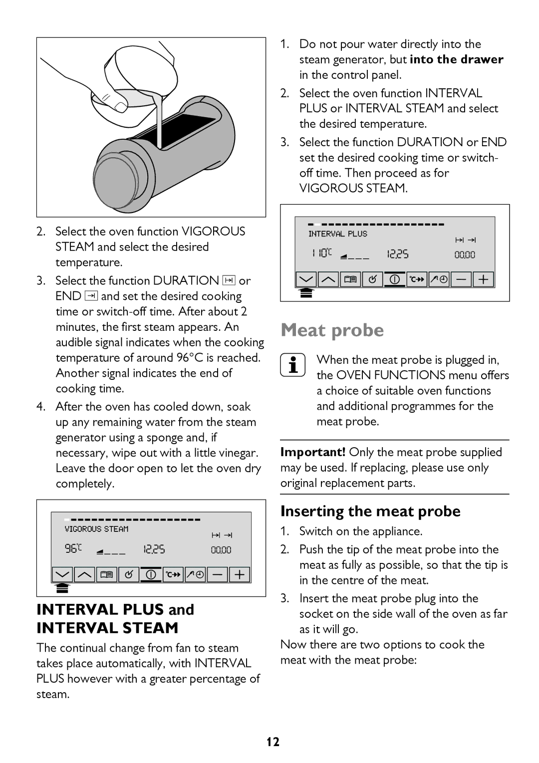 John Lewis JLBIOS610 instruction manual Meat probe, Interval Plus, Interval Steam, Inserting the meat probe 