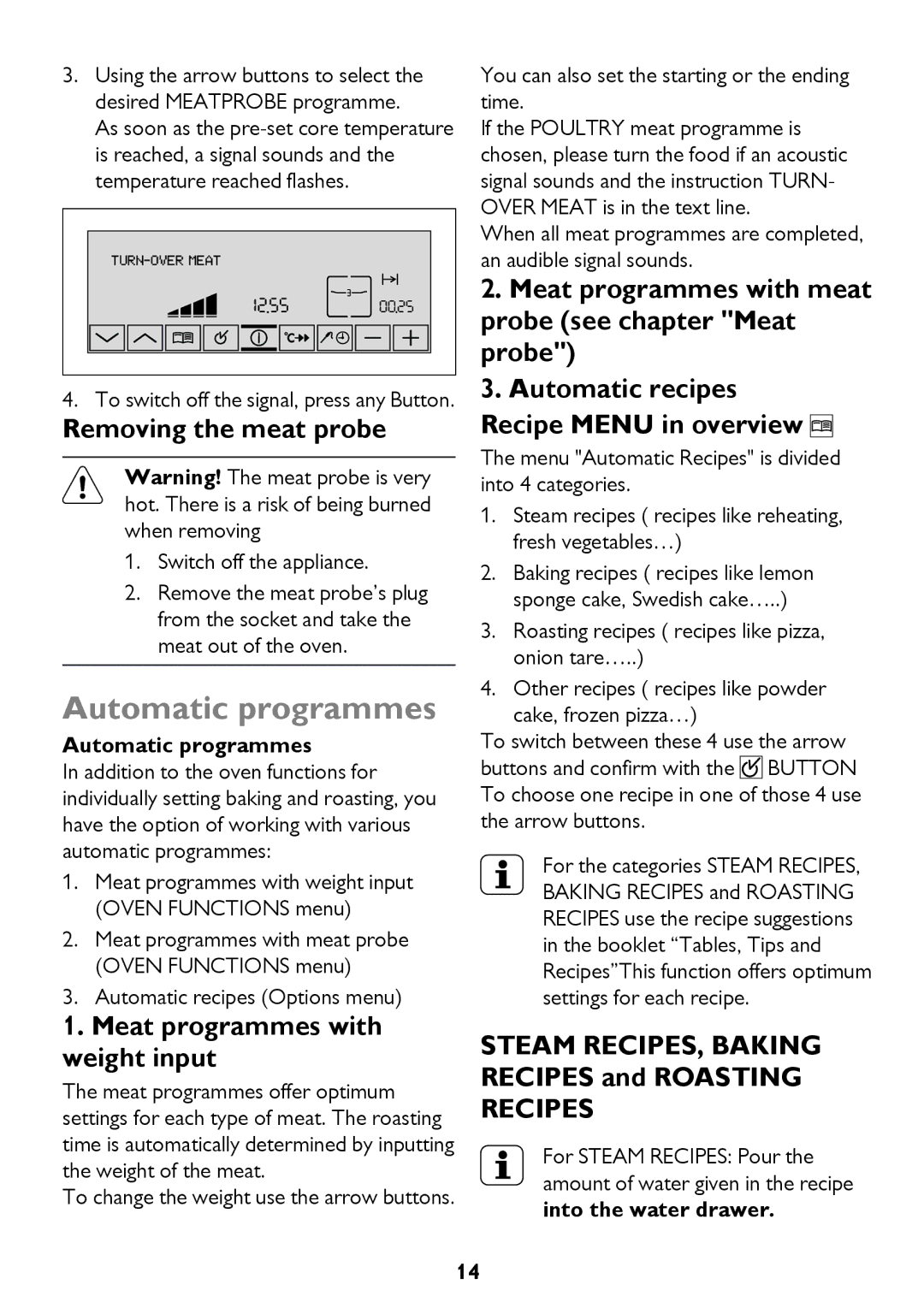 John Lewis JLBIOS610 instruction manual Automatic programmes, Removing the meat probe, Meat programmes with weight input 