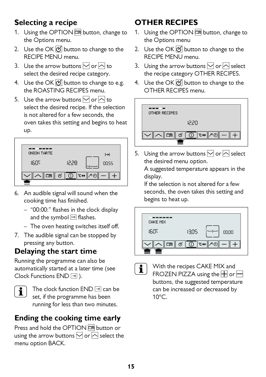 John Lewis JLBIOS610 Selecting a recipe, Delaying the start time, Ending the cooking time early, Other Recipes 