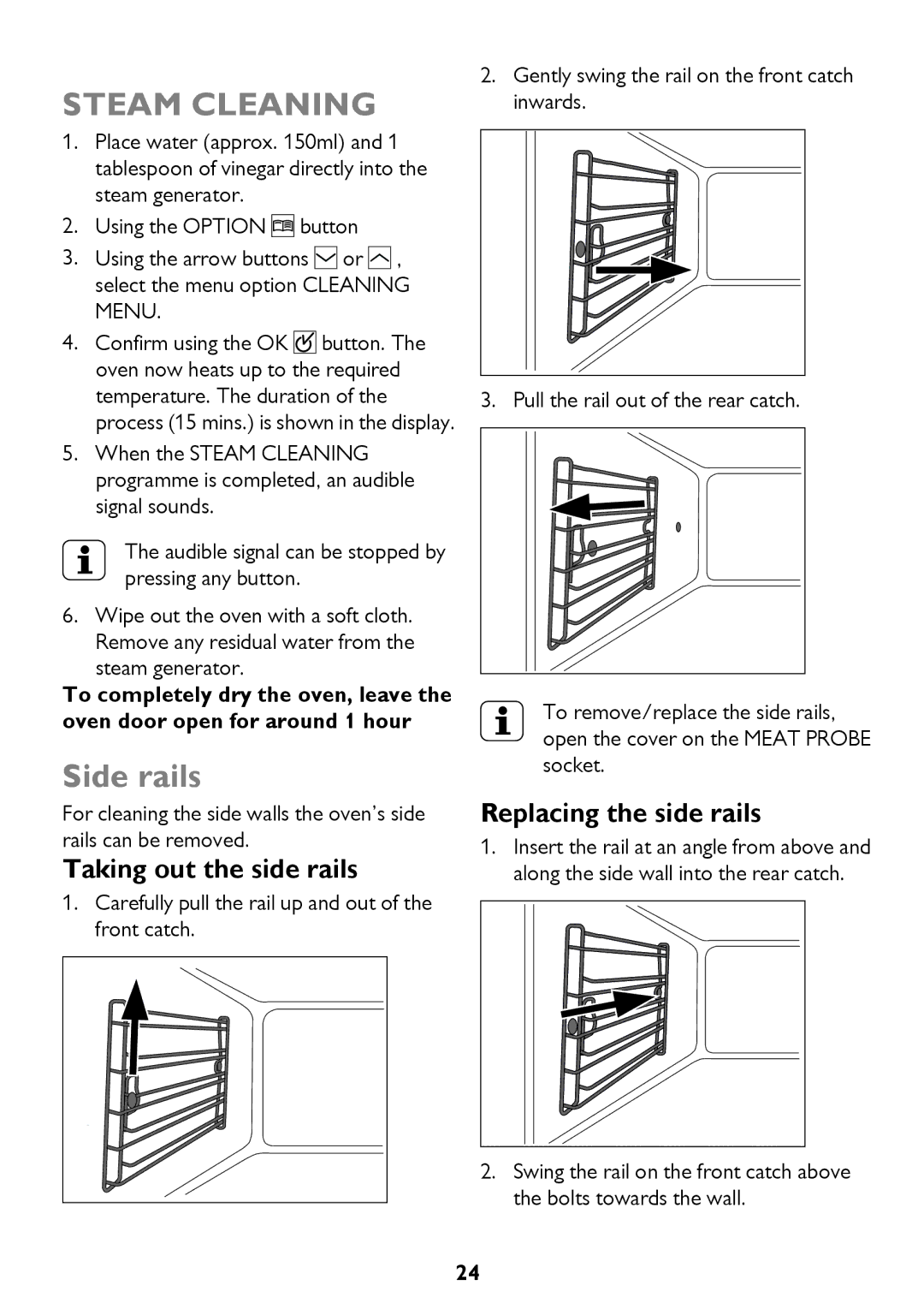 John Lewis JLBIOS610 instruction manual Side rails, Taking out the side rails, Replacing the side rails 