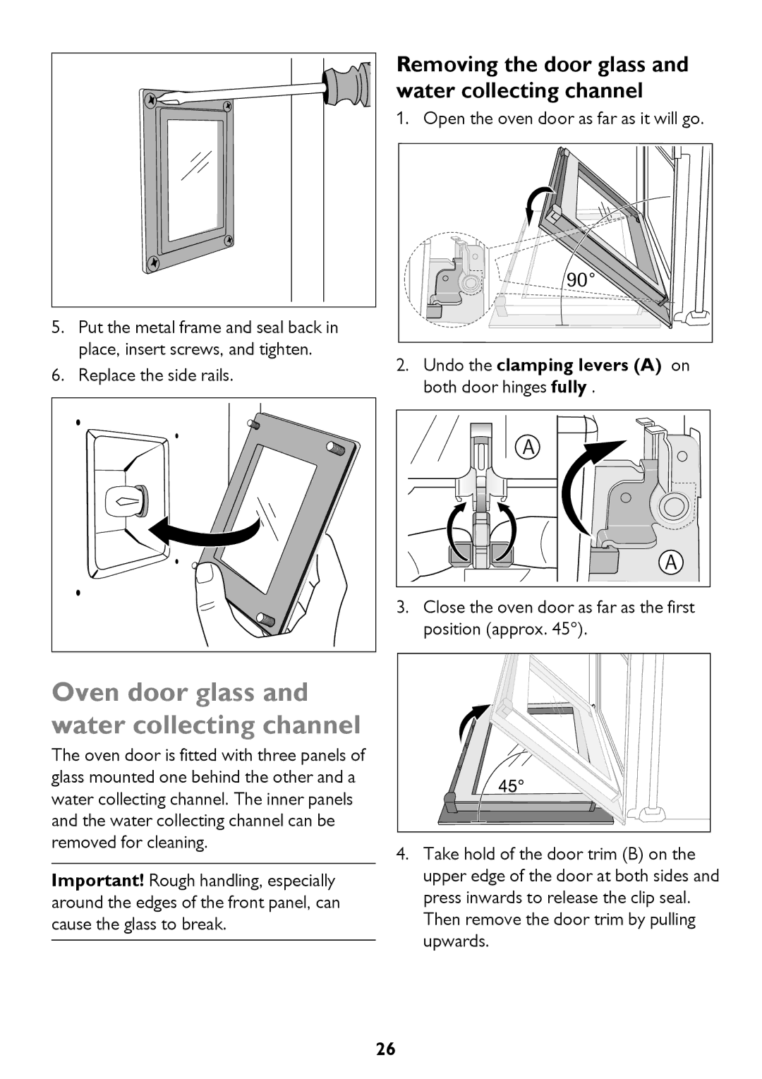 John Lewis JLBIOS610 Oven door glass and water collecting channel, Removing the door glass and water collecting channel 