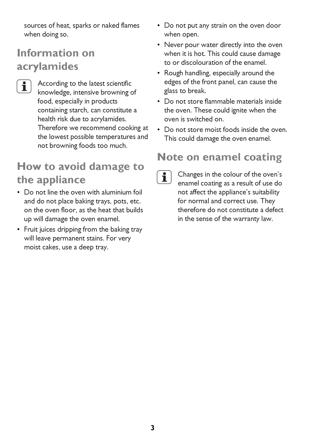 John Lewis JLBIOS610 instruction manual Information on acrylamides, How to avoid damage to the appliance 