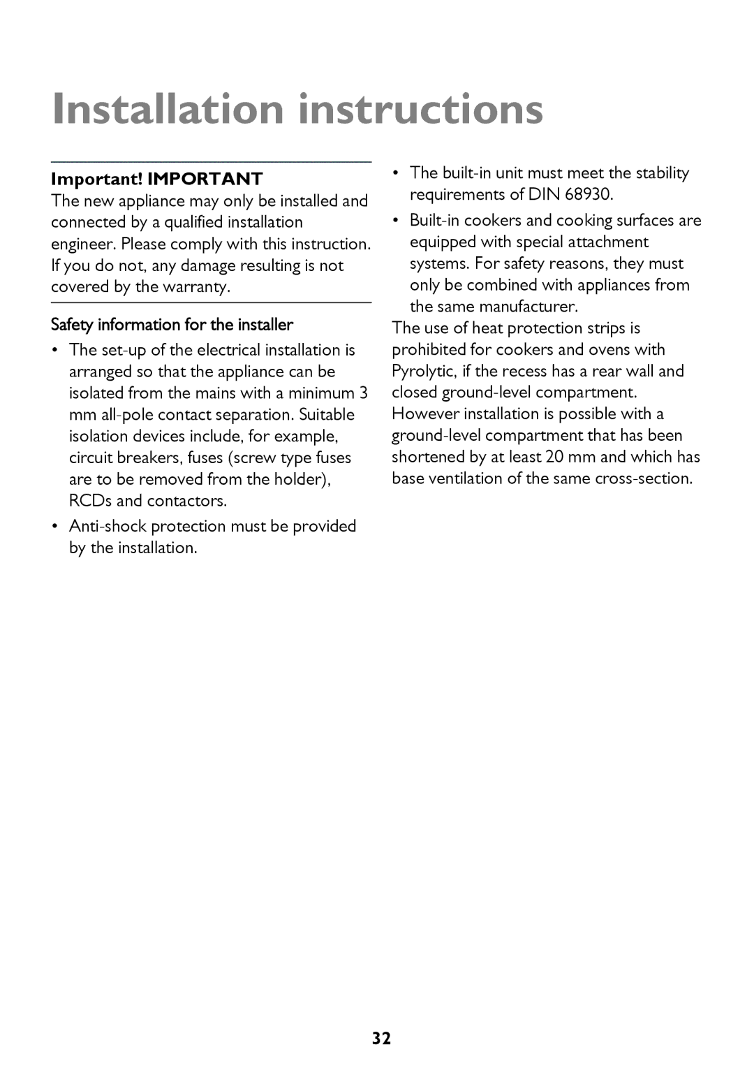 John Lewis JLBIOS610 Installation instructions, Important! Important, Safety information for the installer 