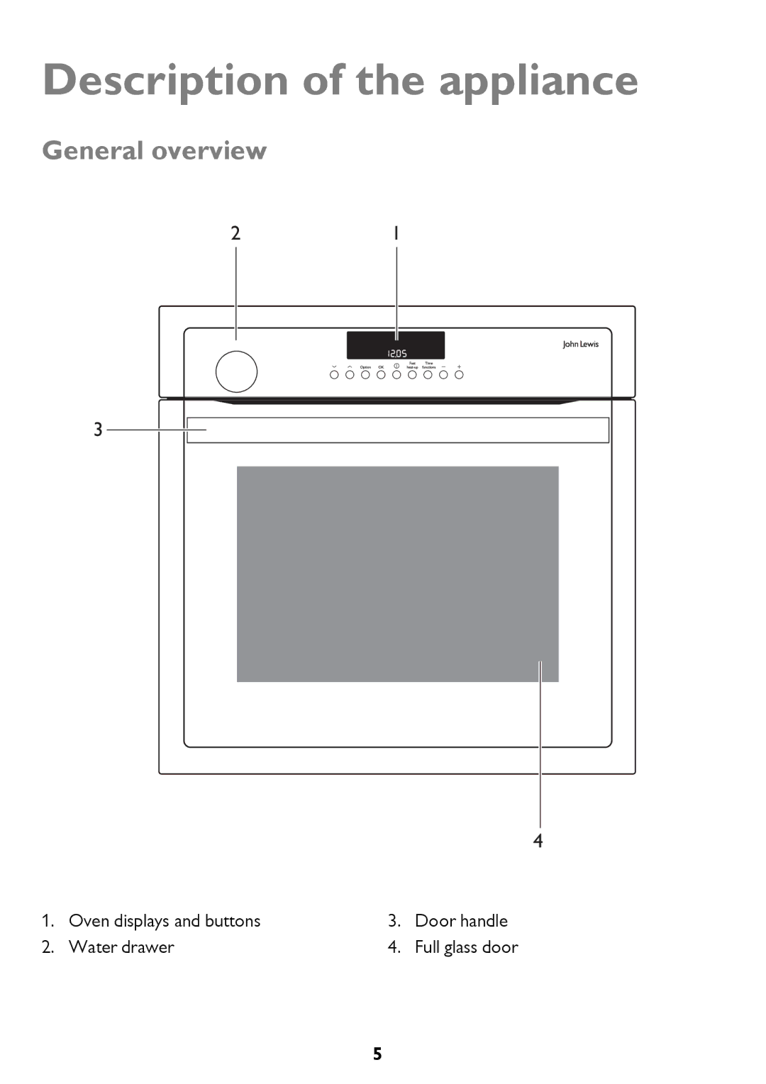 John Lewis JLBIOS610 Description of the appliance, General overview, Oven displays and buttons Door handle Water drawer 