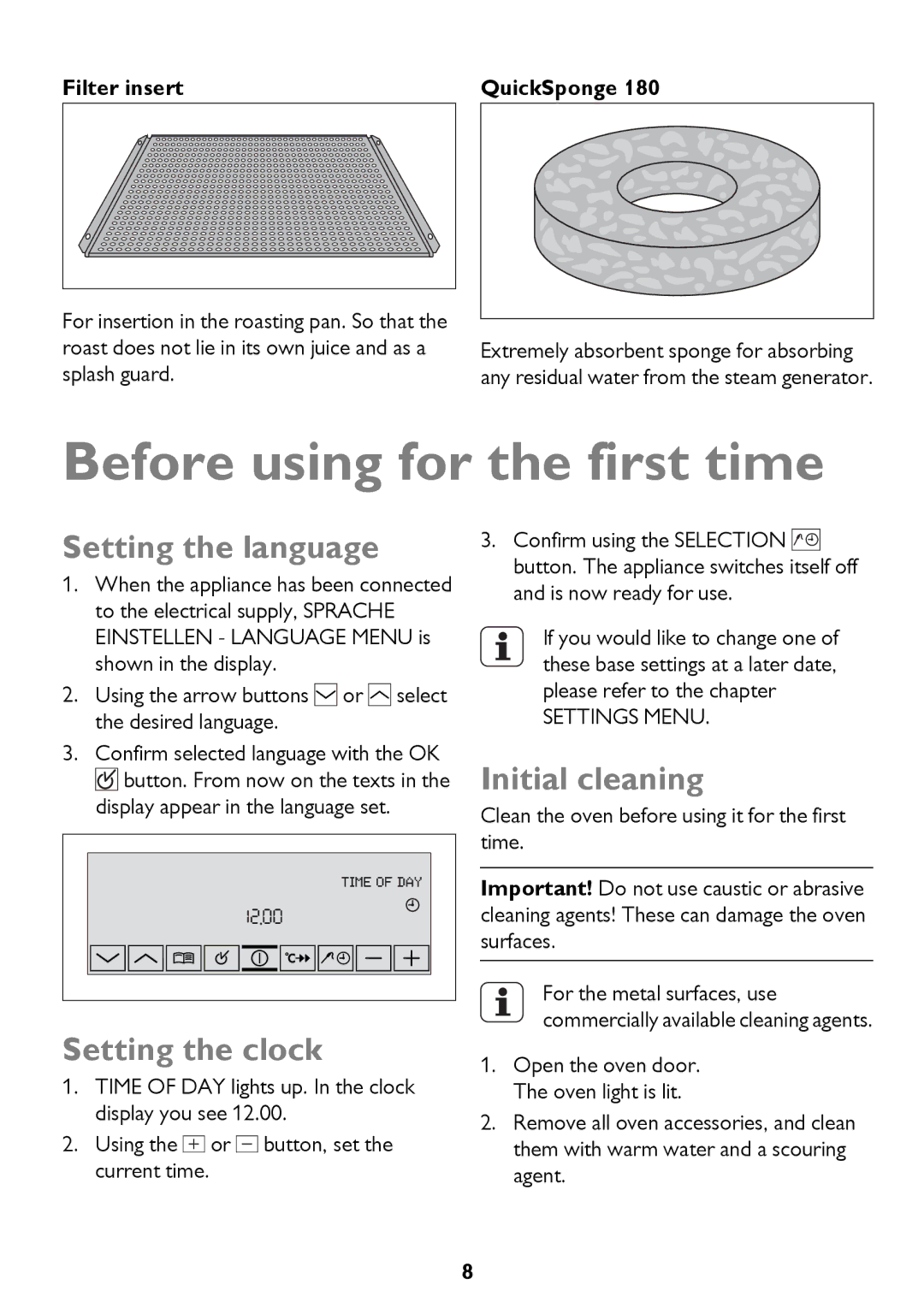 John Lewis JLBIOS610 Before using for the first time, Setting the language, Setting the clock, Initial cleaning 