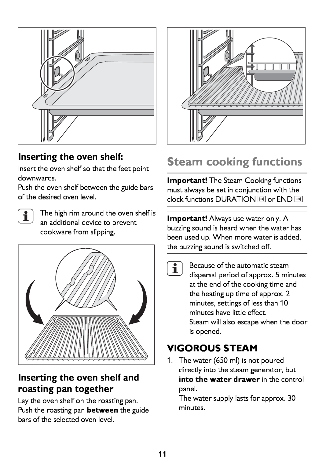 John Lewis JLBIOS610 instruction manual Steam cooking functions, Inserting the oven shelf, Vigorous Steam 