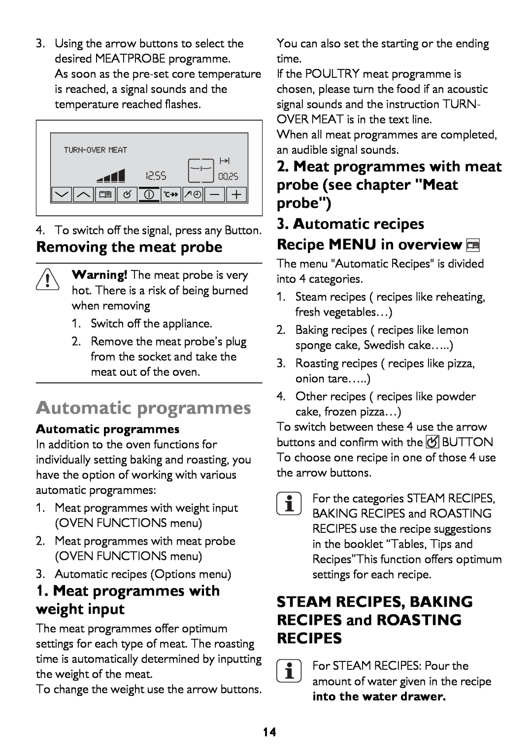 John Lewis JLBIOS610 instruction manual Automatic programmes, Removing the meat probe, Meat programmes with weight input 