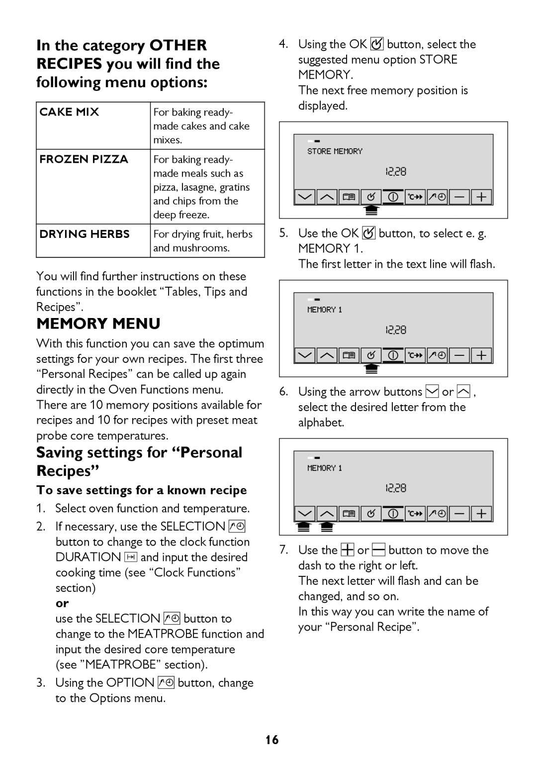 John Lewis JLBIOS610 Memory Menu, Saving settings for “Personal Recipes”, To save settings for a known recipe 